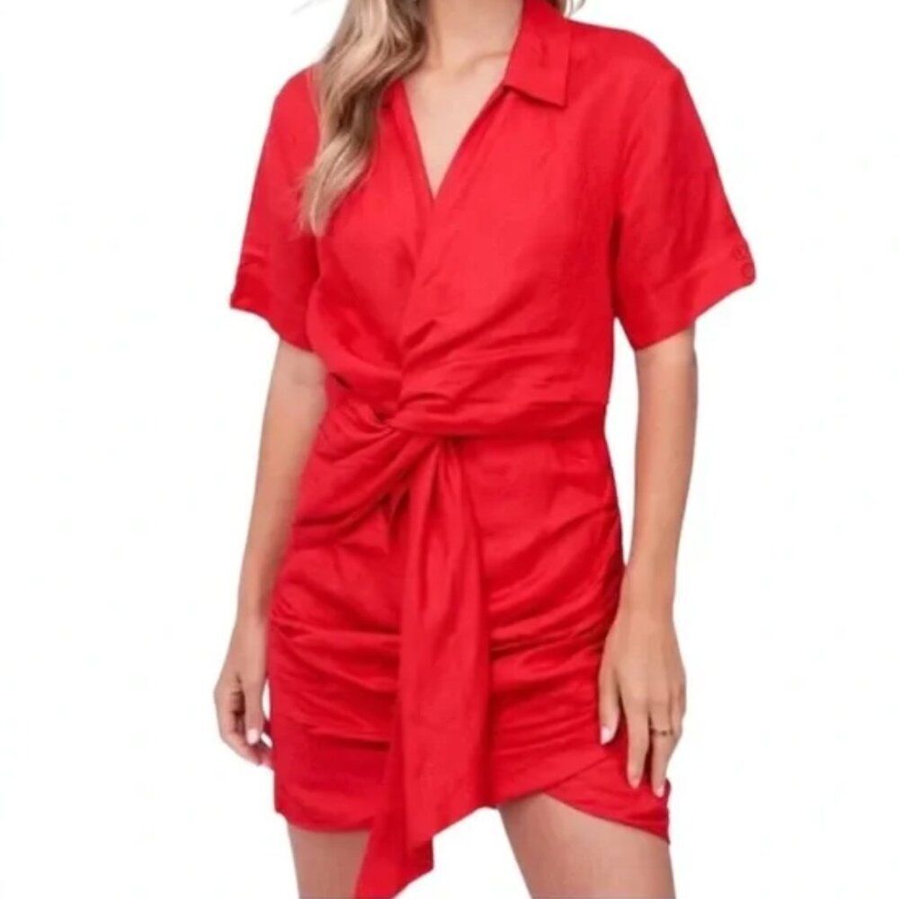 EN SAISON Red Linen Draped Asymmetrical Mini Dress Size M